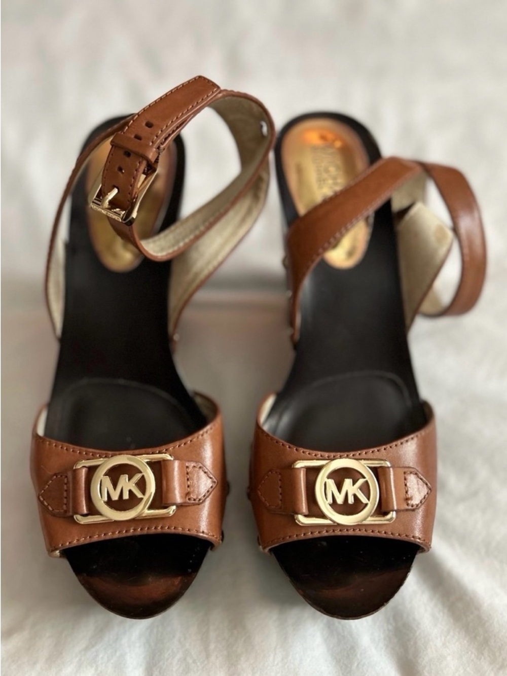 Michael Kors Tan Leather Open-Toe Heels with Gold MK Emblem